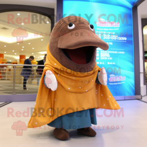 Brown Whale mascot costume character dressed with a Cover-up and Shawls