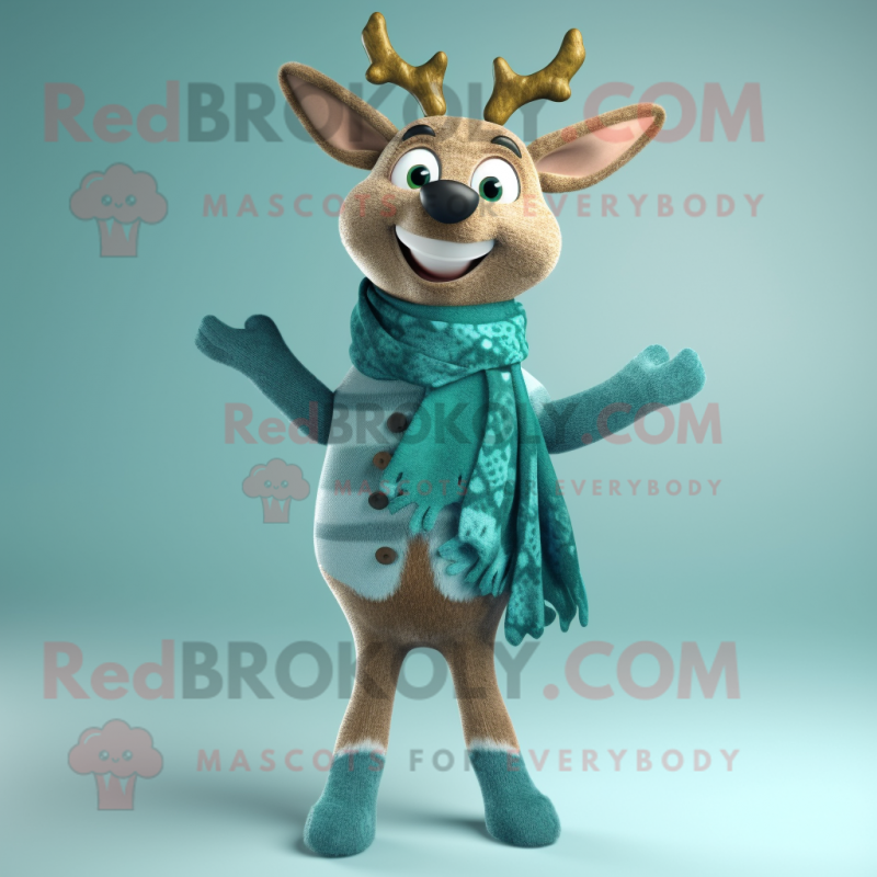 Teal Deer mascot costume character dressed with a Sweater and Scarves