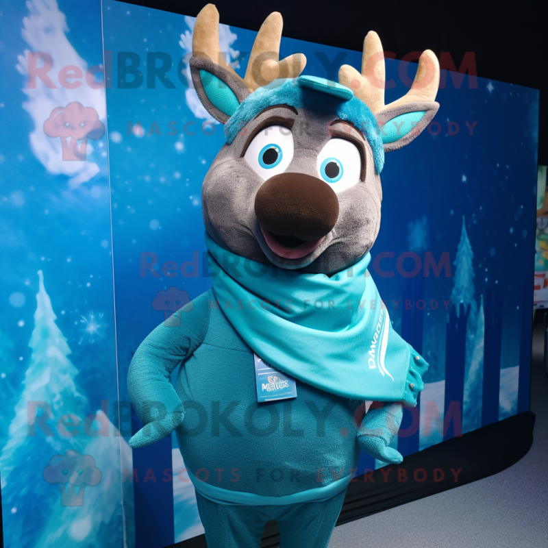 Teal Deer mascot costume character dressed with a Sweater and Scarves