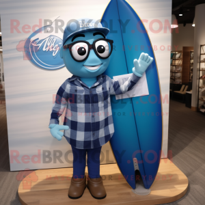 Blue Surfboard mascot costume character dressed with a Flannel Shirt and Eyeglasses