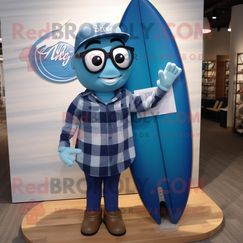 Blue Surfboard mascot costume character dressed with a Flannel Shirt and Eyeglasses Blue Surfboard mascot costume character dressed with a Flannel Shirt and Eyeglasses