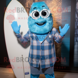 Blue Surfboard mascot costume character dressed with a Flannel Shirt and Eyeglasses