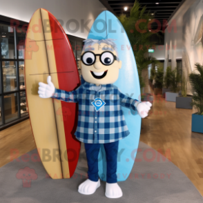 Blue Surfboard mascot costume character dressed with a Flannel Shirt and Eyeglasses