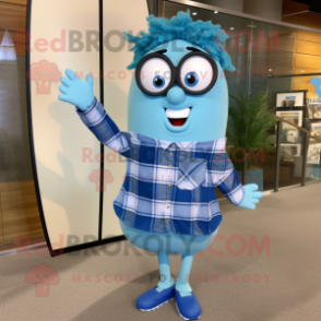 Blue Surfboard mascot costume character dressed with a Flannel Shirt and Eyeglasses