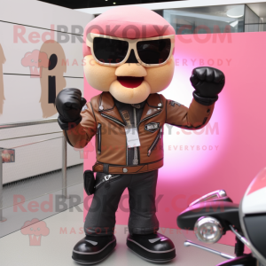 Tan Pink mascot costume character dressed with a Biker Jacket and Bracelets