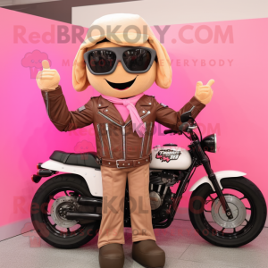 Tan Pink mascot costume character dressed with a Biker Jacket and Bracelets