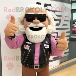 Tan Pink mascot costume character dressed with a Biker Jacket and Bracelets