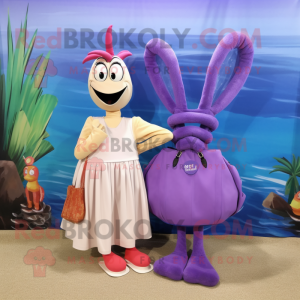 Lavender Shrimp Scampi mascot costume character dressed with a Maxi Skirt and Tote bags