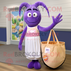 Lavender Shrimp Scampi mascot costume character dressed with a Maxi Skirt and Tote bags