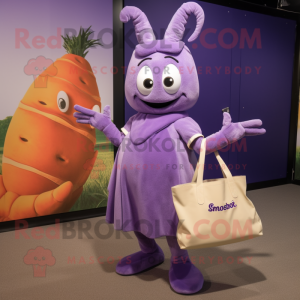 Lavender Shrimp Scampi mascot costume character dressed with a Maxi Skirt and Tote bags