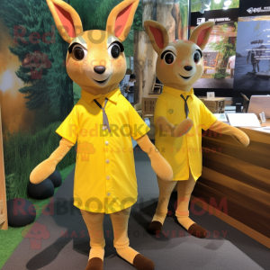 Yellow Roe Deer mascot costume character dressed with a Dress Shirt and Wraps