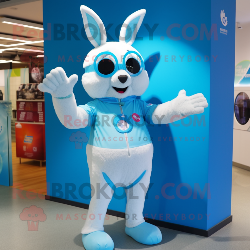 Sky Blue Wild Rabbit mascot costume character dressed with a One-Piece Swimsuit and Smartwatches