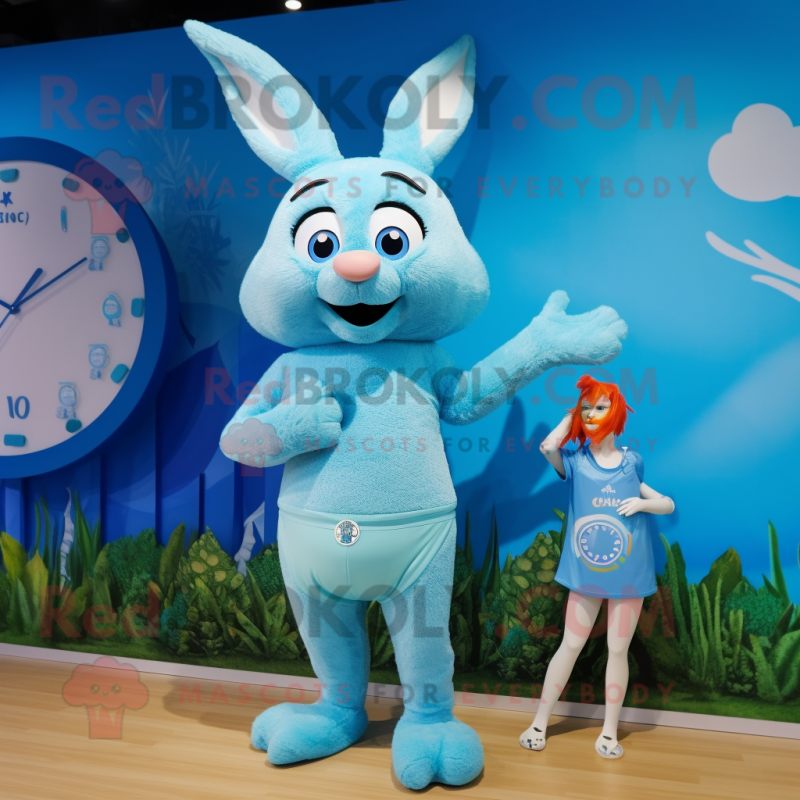 Sky Blue Wild Rabbit mascot costume character dressed with a One-Piece Swimsuit and Smartwatches