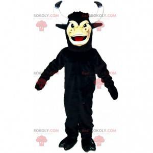 Czarny byk maskotka z dużymi rogami, kostium bawoła -