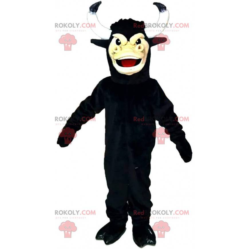 Mascotte toro nero con grandi corna, costume da bufalo -