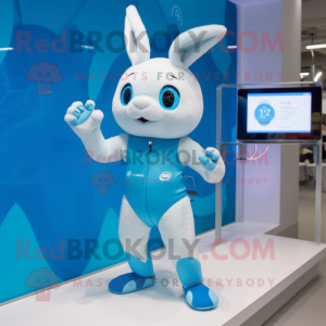 Sky Blue Wild Rabbit mascot costume character dressed with a One-Piece Swimsuit and Smartwatches