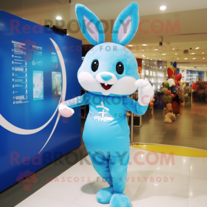 Sky Blue Wild Rabbit mascot costume character dressed with a One-Piece Swimsuit and Smartwatches