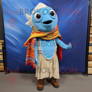 Sky Blue Fish Tacos mascot costume character dressed with a Corduroy Pants and Scarf clips