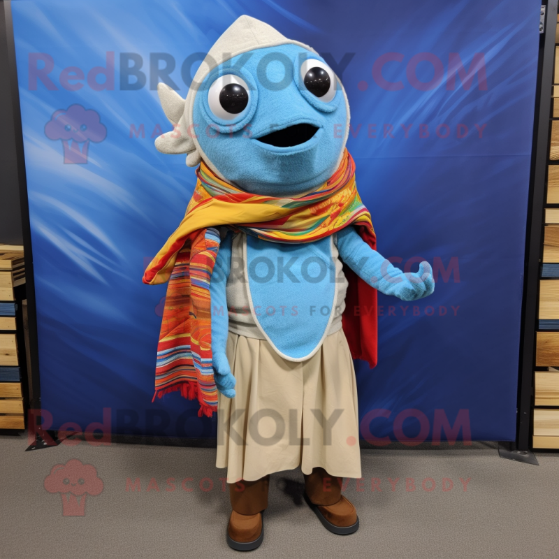 Sky Blue Fish Tacos mascot costume character dressed with a Corduroy Pants and Scarf clips Sky Blue Fish Tacos mascot costume character dressed with a Corduroy Pants and Scarf clips