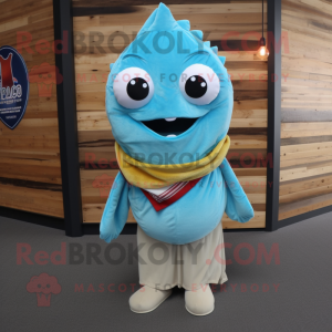 Sky Blue Fish Tacos mascot costume character dressed with a Corduroy Pants and Scarf clips