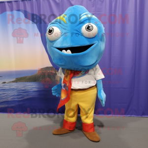 Sky Blue Fish Tacos mascot costume character dressed with a Corduroy Pants and Scarf clips