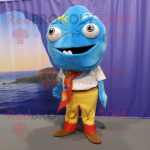 Sky Blue Fish Tacos mascot costume character dressed with a Corduroy Pants and Scarf clips