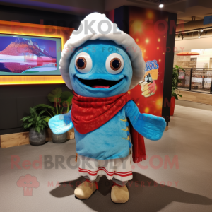 Sky Blue Fish Tacos mascot costume character dressed with a Corduroy Pants and Scarf clips
