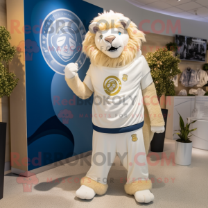 Cream Lion mascot costume character dressed with a Joggers and Scarf clips