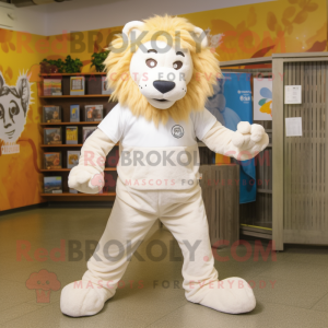 Cream Lion mascot costume character dressed with a Joggers and Scarf clips