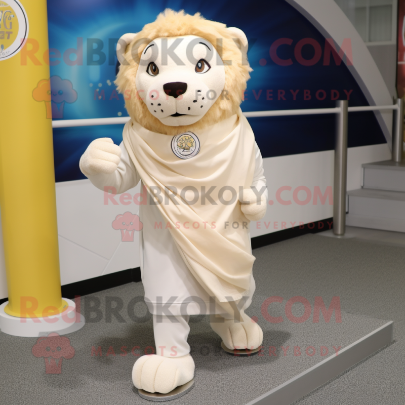 Cream Lion mascot costume character dressed with a Joggers and Scarf clips