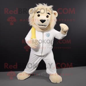 Cream Lion mascot costume character dressed with a Joggers and Scarf clips