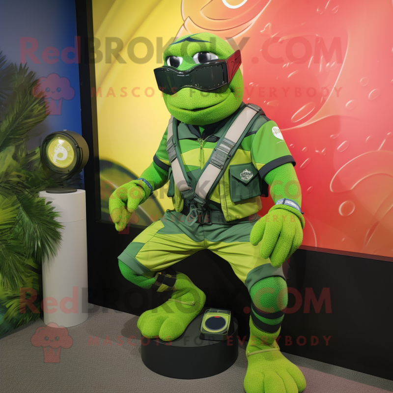 Lime Green Marine Recon mascot costume character dressed with a Rugby Shirt and Bracelet watches