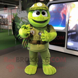 Lime Green Marine Recon mascot costume character dressed with a Rugby Shirt and Bracelet watches
