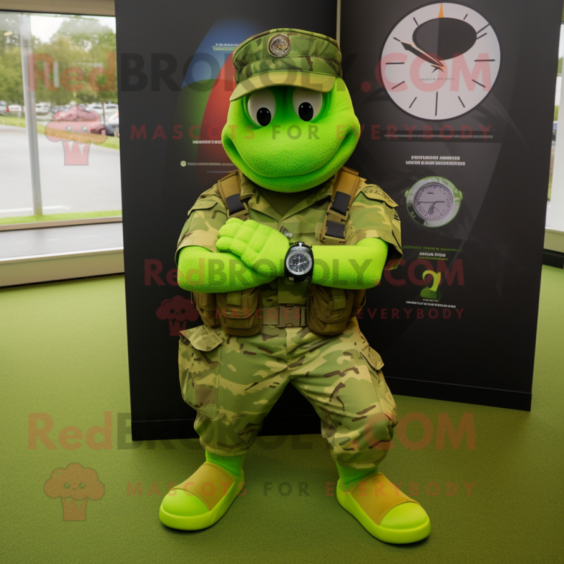 Lime Green Marine Recon mascot costume character dressed with a Rugby Shirt and Bracelet watches