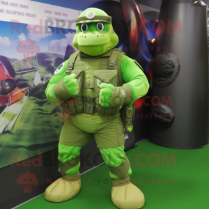 Lime Green Marine Recon mascot costume character dressed with a Rugby Shirt and Bracelet watches