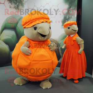Orange Glyptodon mascot costume character dressed with a Wrap Skirt and Pocket squares