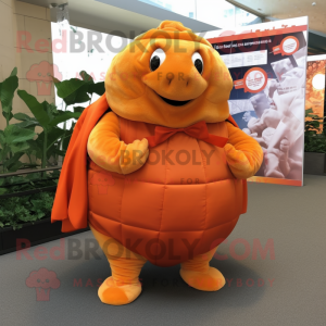 Orange Glyptodon mascot costume character dressed with a Wrap Skirt and Pocket squares