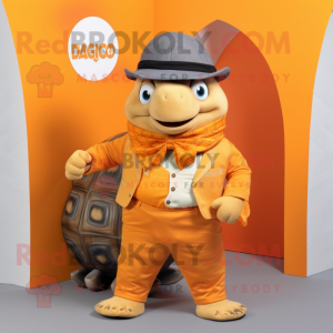 Orange Glyptodon mascot costume character dressed with a Wrap Skirt and Pocket squares