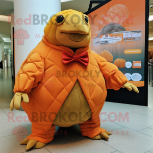 Orange Glyptodon mascot costume character dressed with a Wrap Skirt and Pocket squares