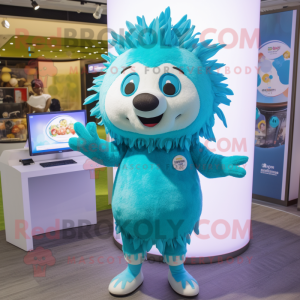 Cyan Hedgehog mascot costume character dressed with a Playsuit and Anklets