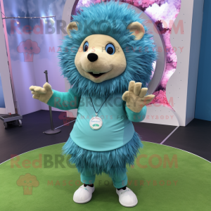 Cyan Hedgehog mascot costume character dressed with a Playsuit and Anklets