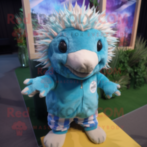 Cyan Hedgehog mascot costume character dressed with a Playsuit and Anklets