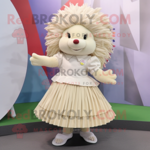Cream Hedgehog mascot costume character dressed with a Pleated Skirt and Hair clips