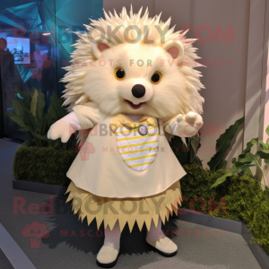 Cream Hedgehog mascot costume character dressed with a Pleated Skirt and Hair clips