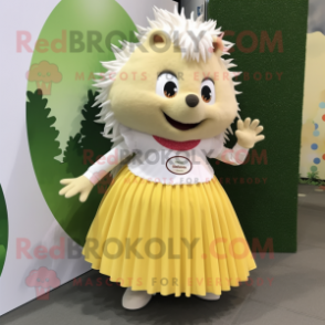 Cream Hedgehog mascot costume character dressed with a Pleated Skirt and Hair clips