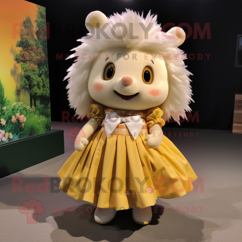 Cream Hedgehog mascot costume character dressed with a Pleated Skirt and Hair clips