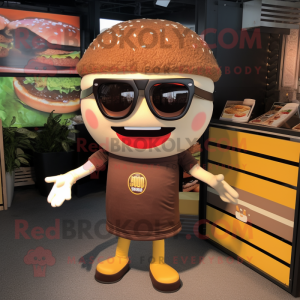 Brown Burgers mascot costume character dressed with a Graphic Tee and Sunglasses