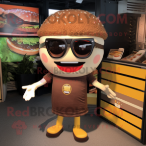 Brown Burgers mascot costume character dressed with a Graphic Tee and Sunglasses