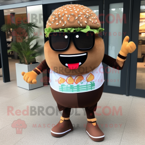Brown Burgers mascot costume character dressed with a Graphic Tee and Sunglasses