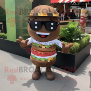 Brown Burgers mascot costume character dressed with a Graphic Tee and Sunglasses